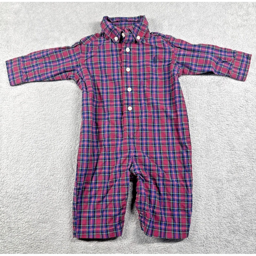 Ralph‎ Lauren Infant Button-Down Long Sleeve Plaid Bodysuit Red/Blue Size S 3-6M